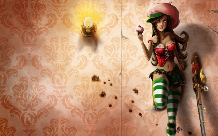Caitlyn from League of Legends holding a cupcake