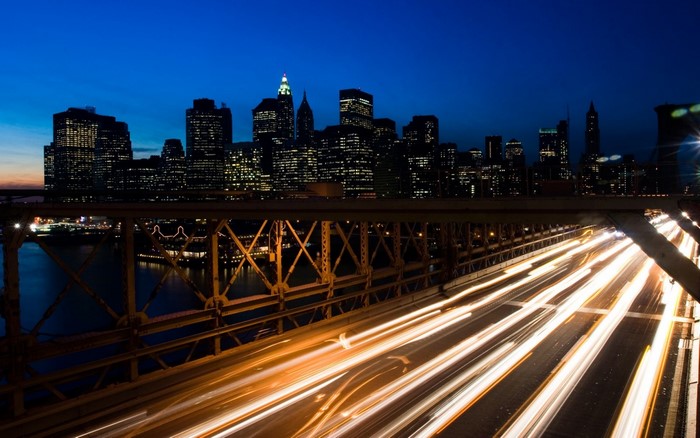 New York City Skyline at Night from Brooklyn Bridge