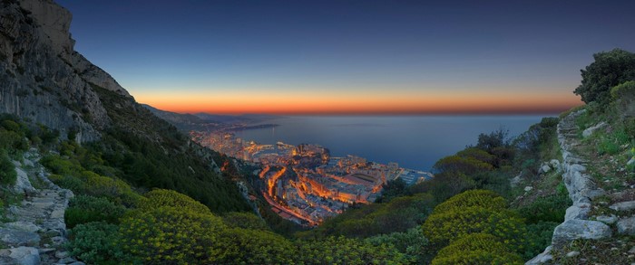 Monaco cityscape at sunset from a mountain viewpoint