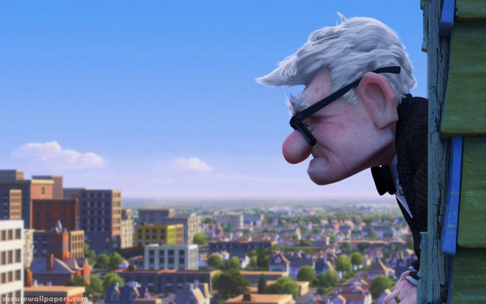 Carl Fredricksen from Up peeking over a building