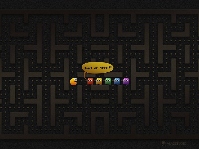 Pac-Man and ghosts in a maze with text
