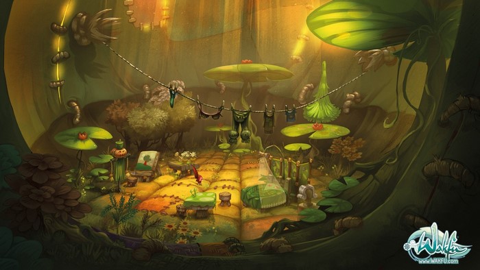 Artwork of a cozy dwelling in a fantasy jungle setting