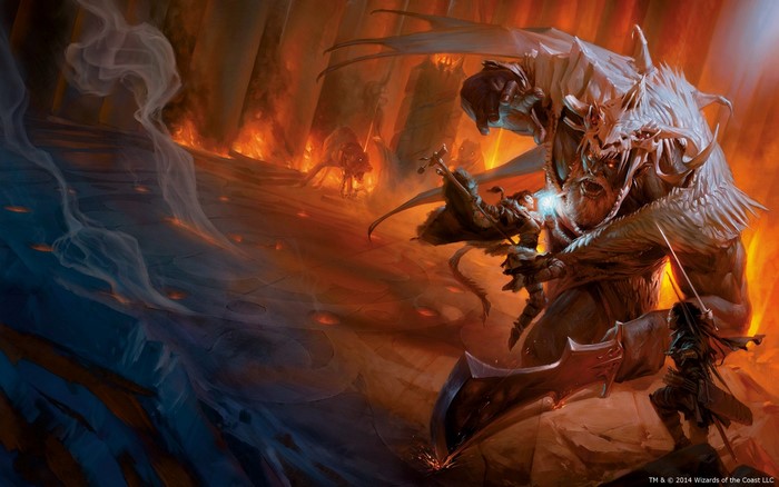 Dungeons & Dragons: A giant monster attacks adventurers in a fiery cavern