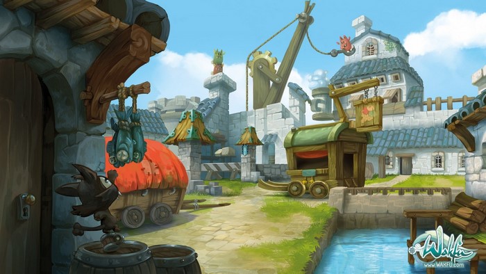 Wakfu artwork of a fantasy town with a crane