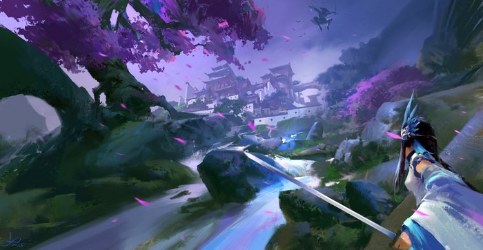 Anime ninja and samurai village with cherry blossoms