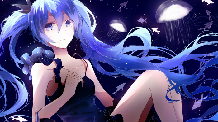 Hatsune Miku underwater with jellyfish and fish