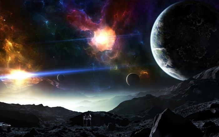 Two astronauts on a rocky planet with a nebula and planets in the background