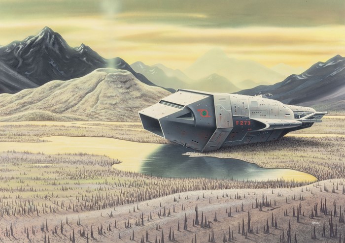 Spaceship landing on an alien planet with mountains