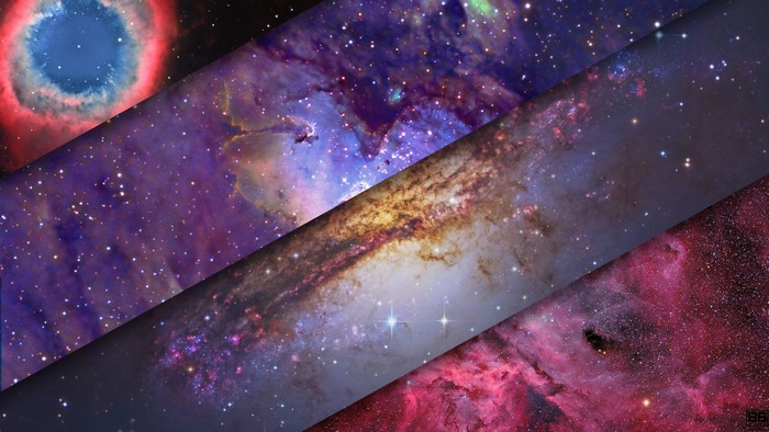 Collage of colorful nebulae and galaxies in space
