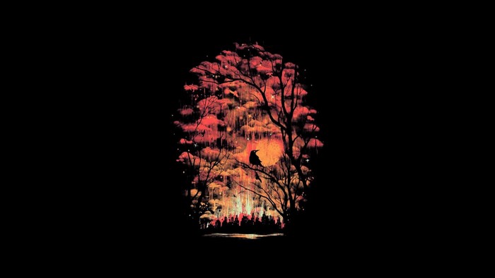 Silhouette of a bird on a tree branch with abstract colorful background