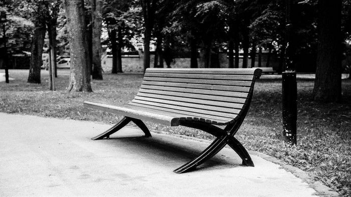 Monochrome park bench on a paved path