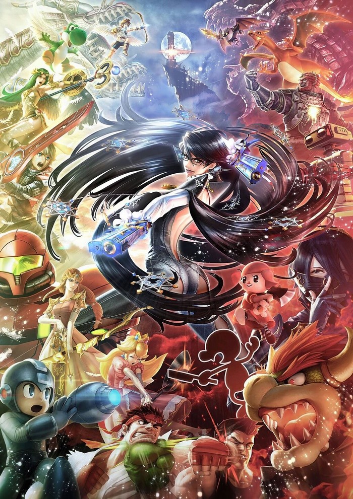 Super Smash Bros. characters illustration featuring Bayonetta