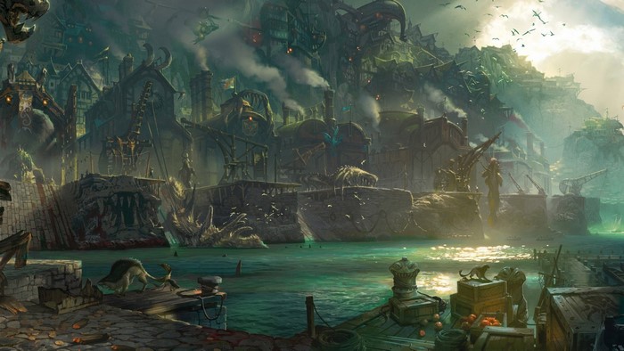 Bilgewater port with ships and buildings in a fantasy setting
