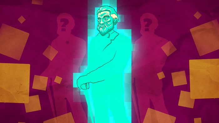 Man in glowing suit with question marks