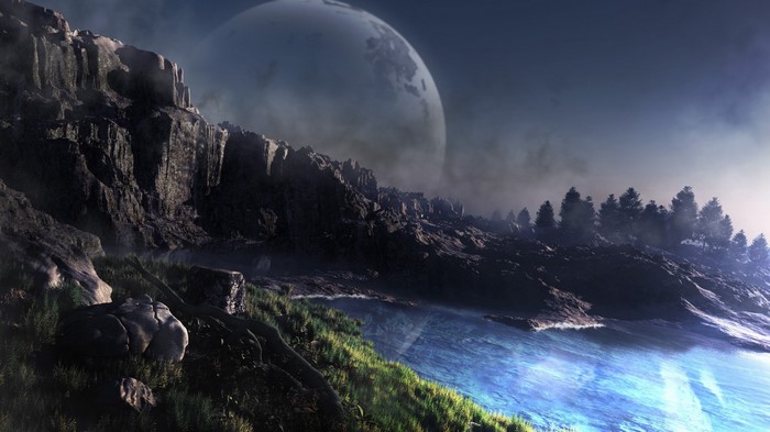 Alien planet landscape with large moon and rocky cliffs