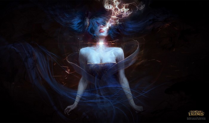 Sona from League of Legends in darkness