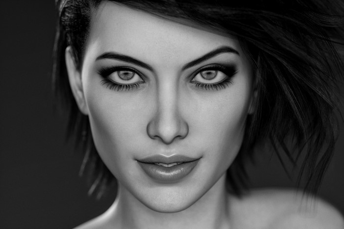 Monochrome portrait of a woman with dark hair