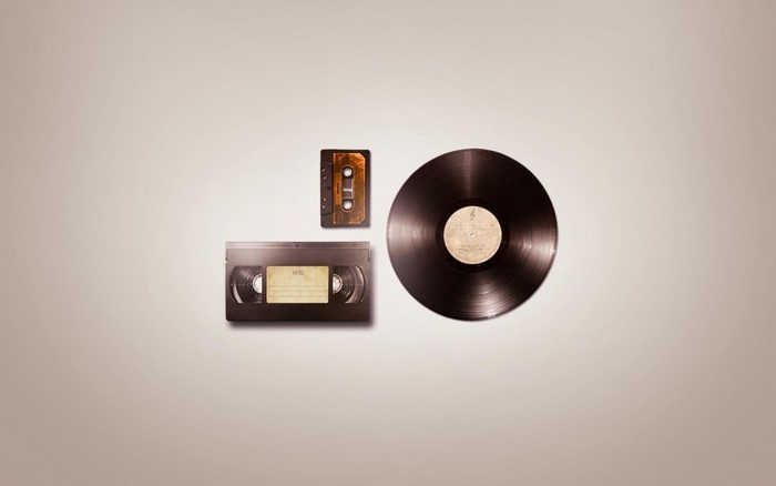 VHS tape, cassette tape, and vinyl record
