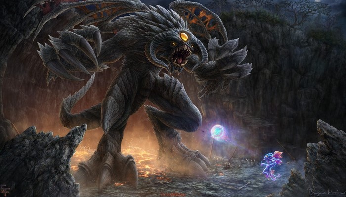 Roshan from Dota 2 fighting a small creature