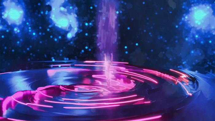 Figure in a cosmic vortex with neon lights
