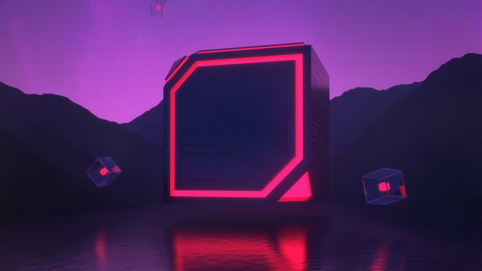Futuristic Cube with Neon Lights in a Purple Landscape