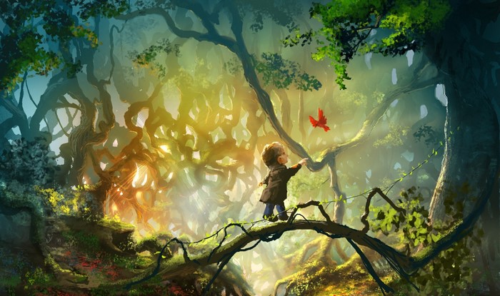 Child reaching for a red bird in a fantasy forest