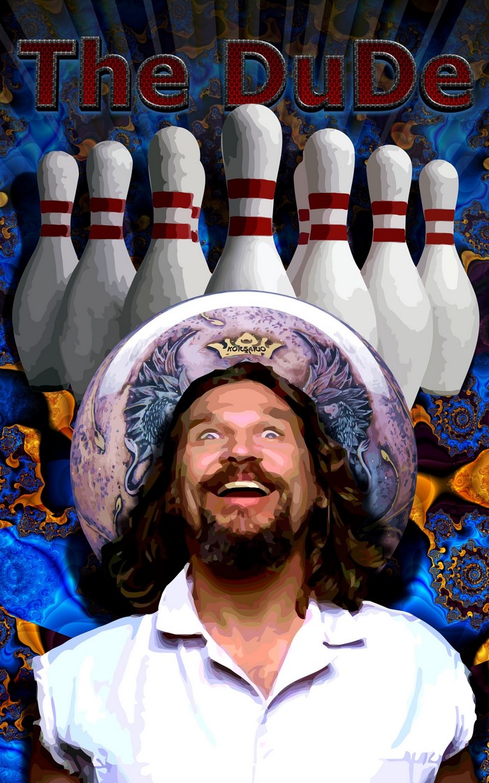 The Dude from The Big Lebowski with bowling pins