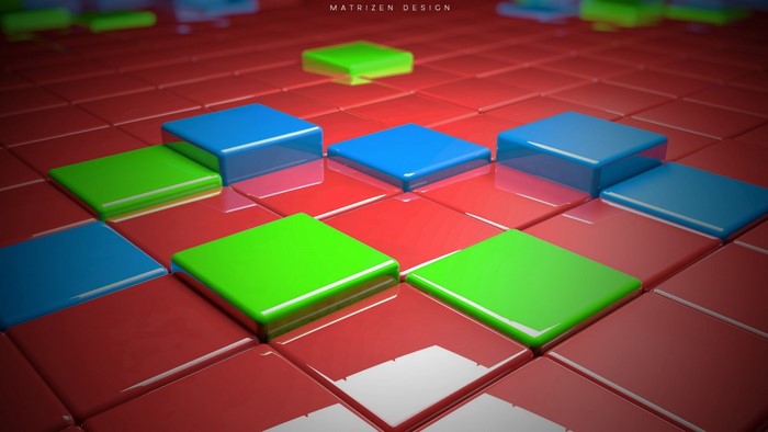 Red, blue, and green cubes on a red grid
