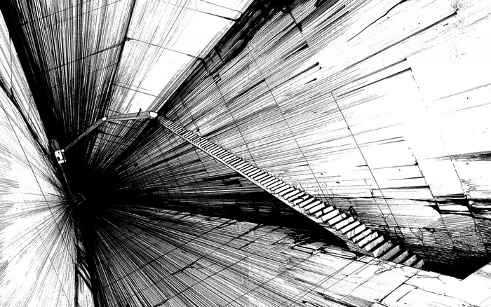 Drawing of a deep shaft with a long staircase