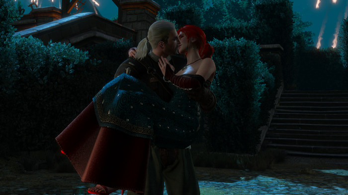 Geralt of Rivia carrying Triss Merigold in The Witcher 3: Wild Hunt