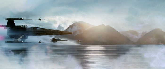 Star Wars X-wing starfighters flying over water
