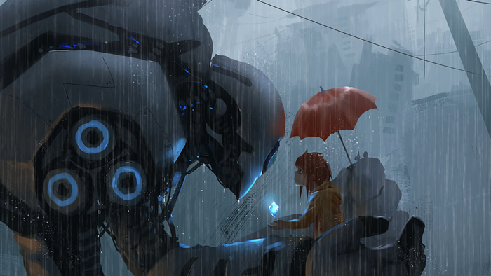 Girl with umbrella and robot in the rain