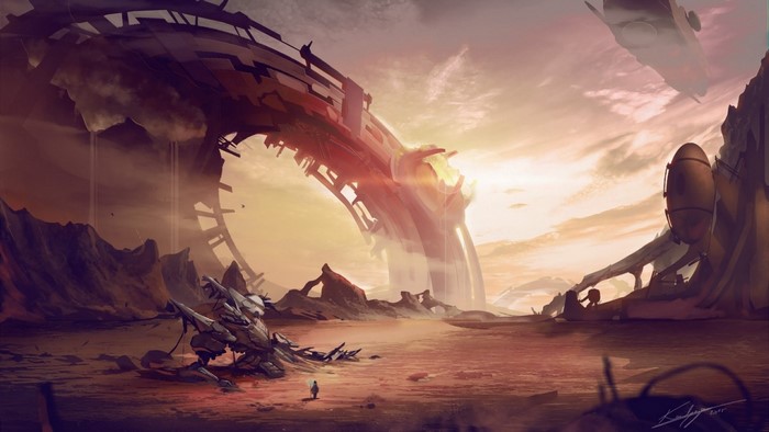 Ruined futuristic landscape at sunset with a lone figure