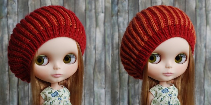 Doll wearing a red knitted beret