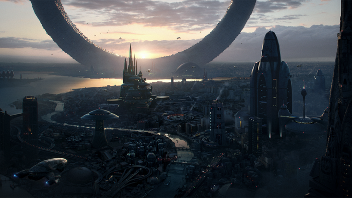 Futuristic city with a ring structure and flying vehicles