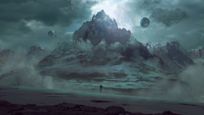 Fantasy landscape with mountains, planets, and a lone figure