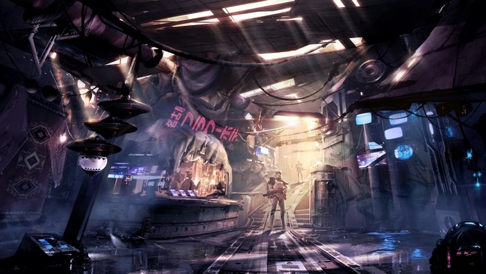 Star Wars scene with stormtroopers and neon signs