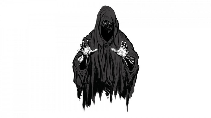 A dark figure in a hooded robe with outstretched hands