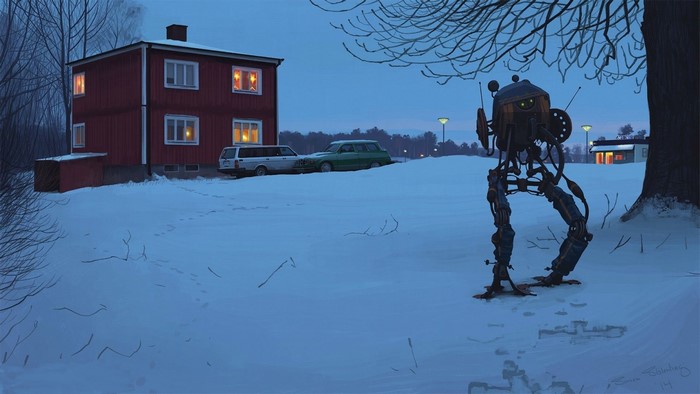 Robot in a snowy landscape by Simon Stalenhag