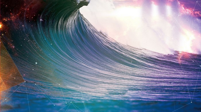 Wave crashing with cosmic background and geometric overlay
