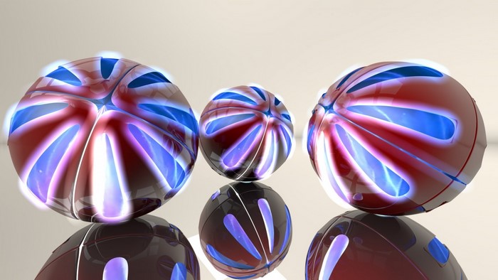 Abstract glowing spheres with red, white, and blue lights