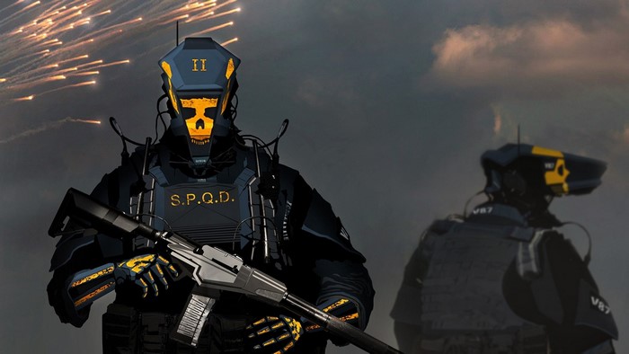 Two robotic soldiers with skull-like helmets and weapons