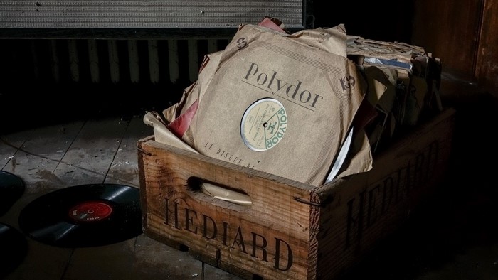 Polydor vinyl records in a wooden crate