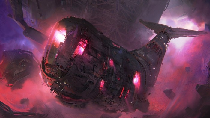 Sci-fi whale-shaped spaceship in cosmic debris