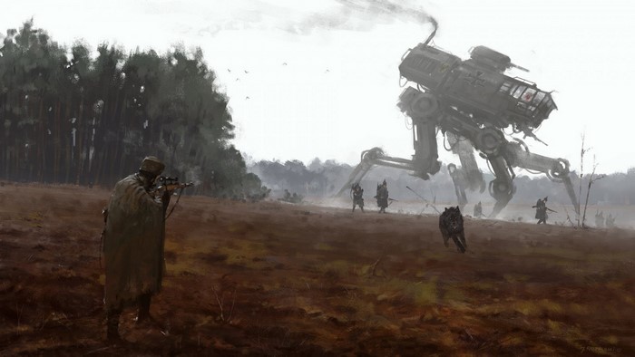 Soldier aiming at a mechanical walker in a field