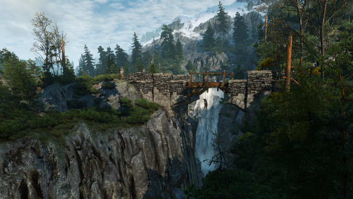 A person hangs from a rope on a bridge over a waterfall in The Witcher 3