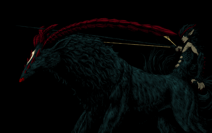 Illustration of a creature with a rider aiming a bow