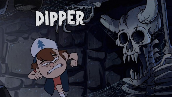 Dipper from Gravity Falls facing a giant skeleton