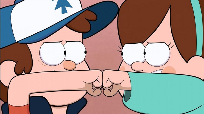 Dipper and Mabel Pines from Gravity Falls fist bumping