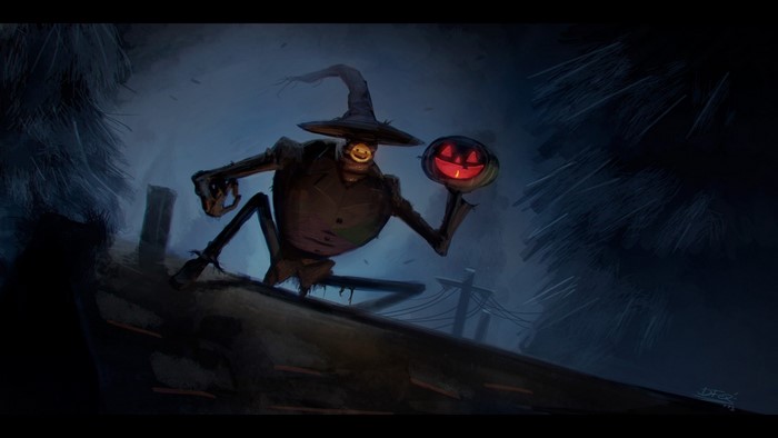 Dark Gravity Falls Scene with Pumpkin Figure at Midnight